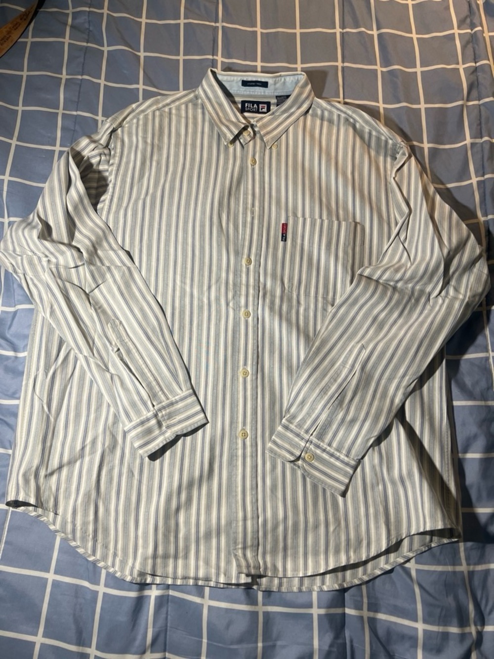 Fila Men’s Vertical Stripe Button-Up Shirt in White and Blue